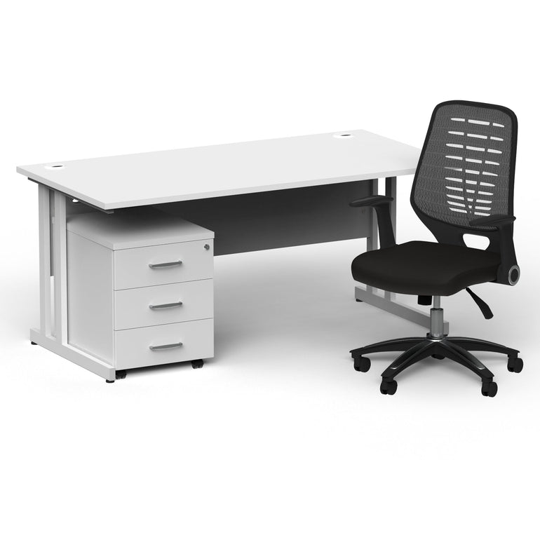 Impulse 1600mm Cantilever Straight Desk & Mobile Pedestal with Relay Silver Back Operator Chair - 5-Year Furniture Guarantee, MFC Material