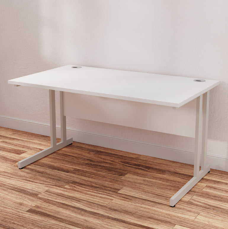 Impulse 1400mm Straight Desk Cantilever Leg - Rectangular MFC Table, Self-Assembly, 5-Year Guarantee, Silver/White/Black Frame, 1400x800 Top Size