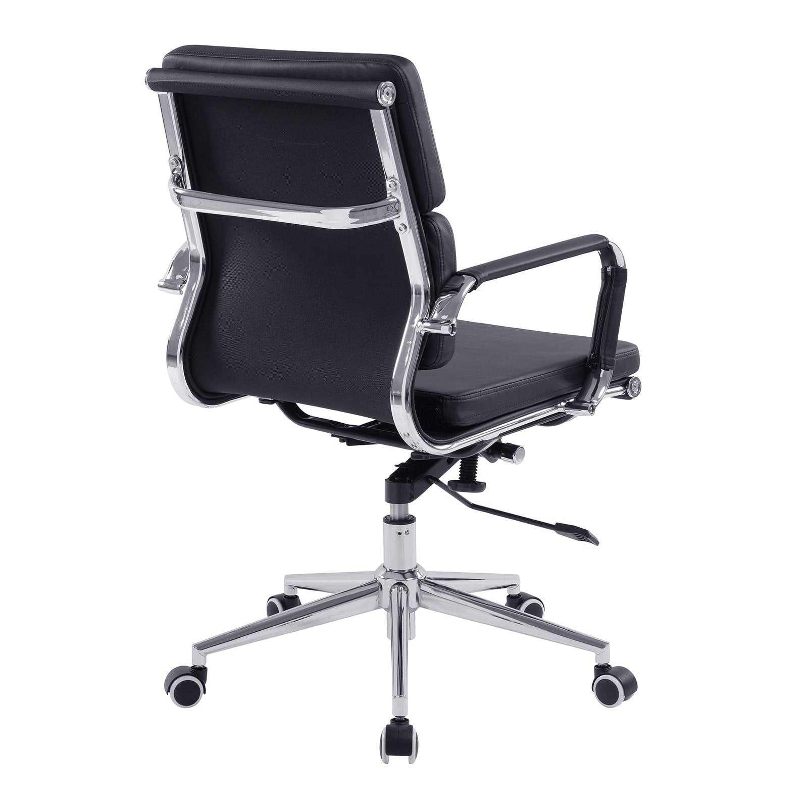 Bonded Leather Medium Swivel Armchair with Individual Back Cushions and Chrome Arms & Base - Black - Office Products Online