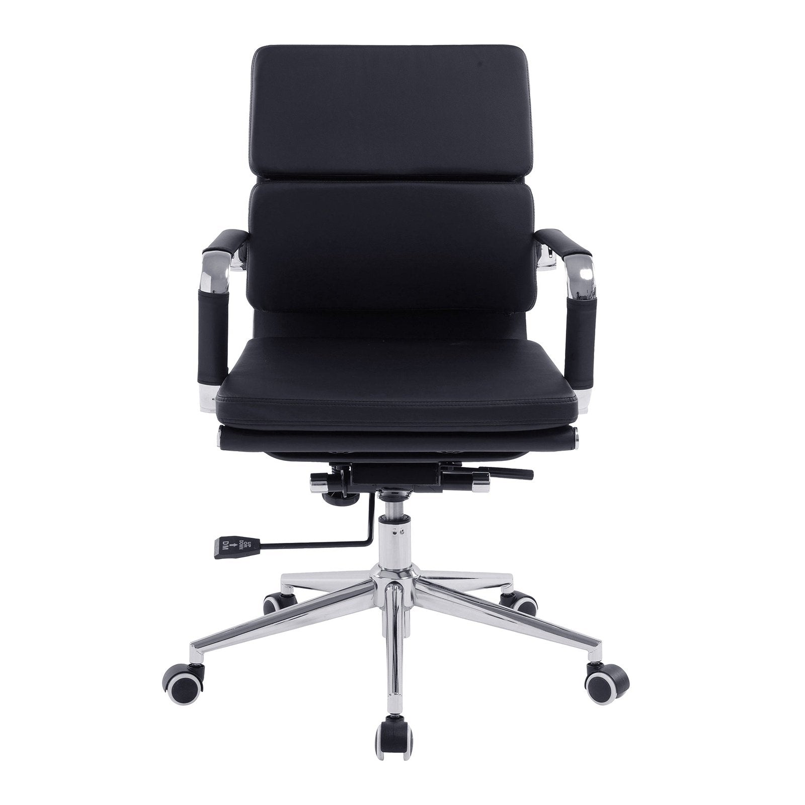 Bonded Leather Medium Swivel Armchair with Individual Back Cushions and Chrome Arms & Base - Black - Office Products Online