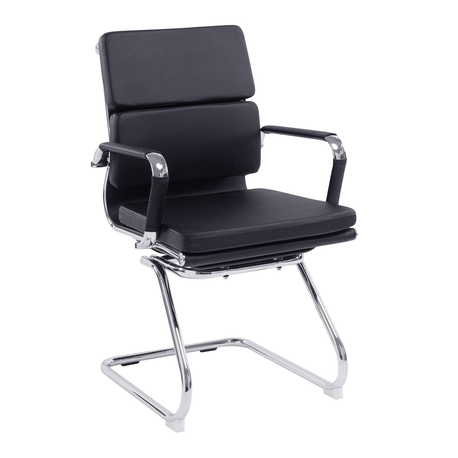 Bonded Leather Medium Visitor Armchair with Individual Back Cushions and Chrome Arms & Base - Black - Office Products Online