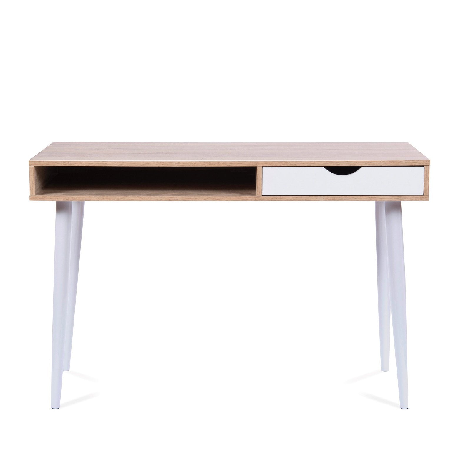 Compact Workstation with White Legs, Stylish Complementing Drawer and Open Storage Compartment - Office Products Online
