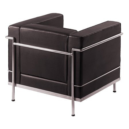 Contemporary Cubed Leather Faced Reception Chair with Stainless Steel Frame and Integrated Leg Supports - Black - Office Products Online
