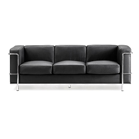 Contemporary Cubed Leather Faced Reception Sofa with Stainless Steel Frame and Integrated Leg Supports - Black - Office Products Online