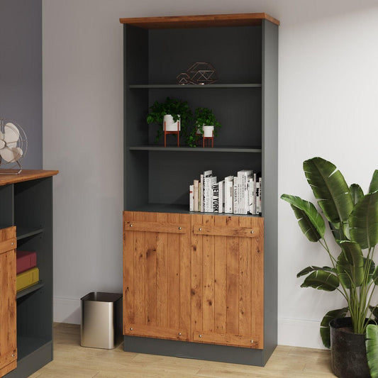 Cottage Living Door Bookcase Cabinet Wotan Oak Dark Grey allhomely