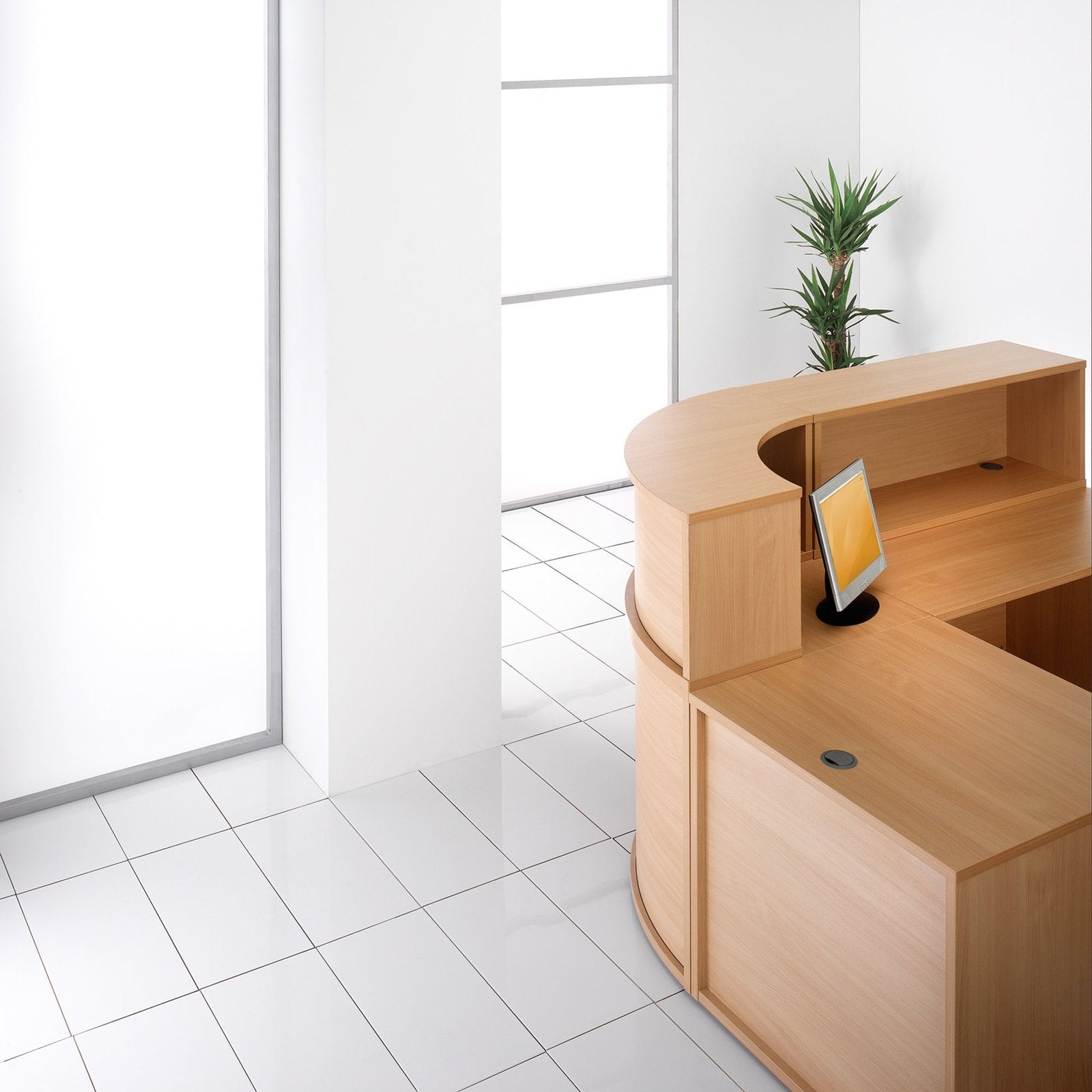 Denver reception 90° corner base unit 800mm - beech with white panels - Office Products Online