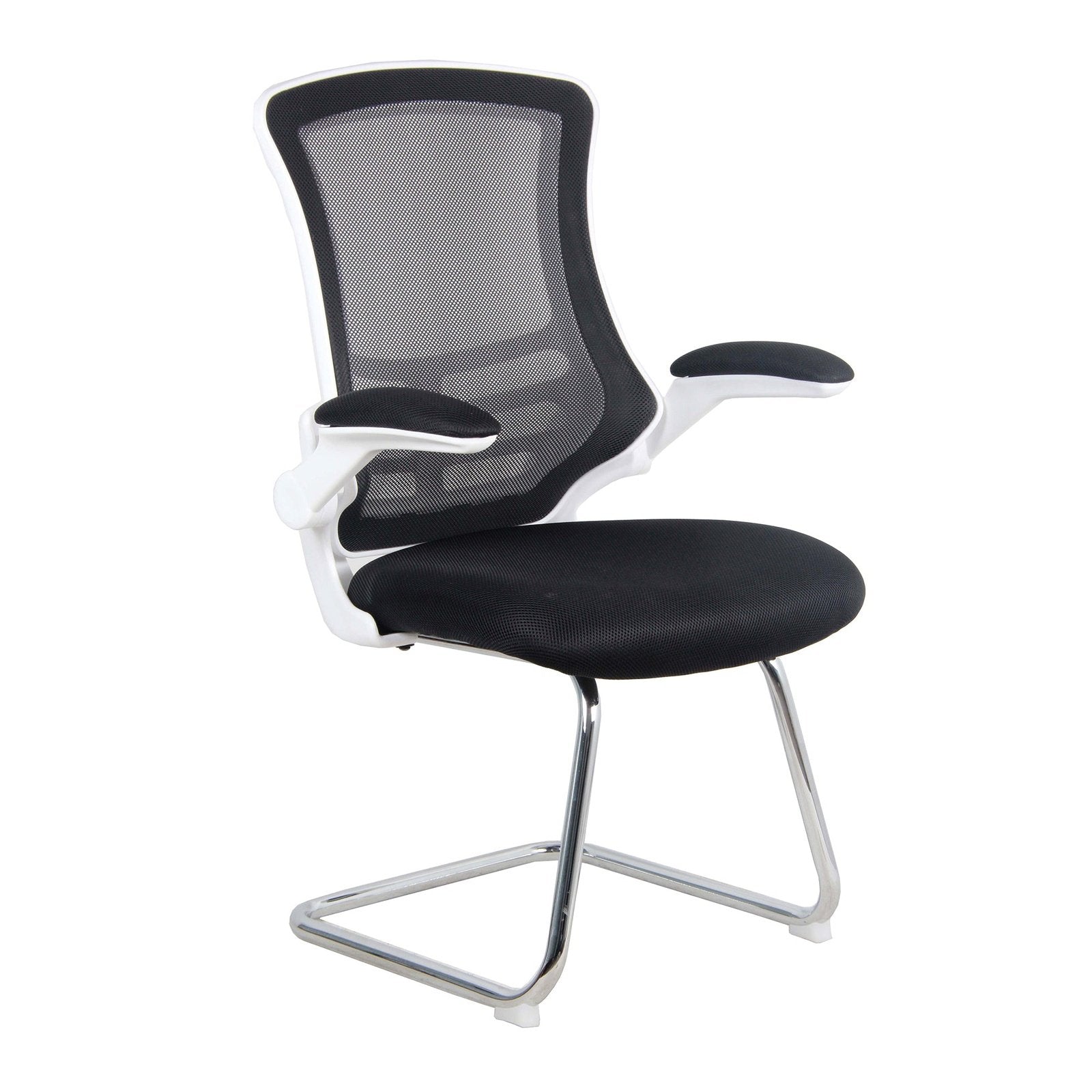 Designer Medium Back Mesh Cantilever Chair with White Shell, Chrome Frame and Folding Arms - Office Products Online