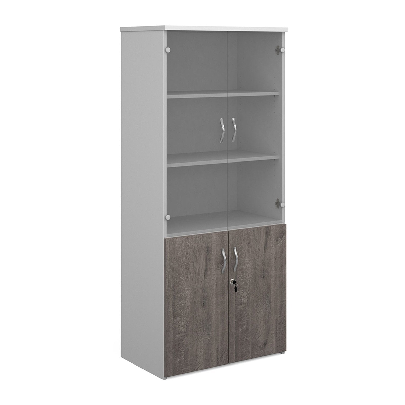 Duo combination unit glass upper 1790mm high 4 shelves - white with grey oak lower doors - Office Products Online