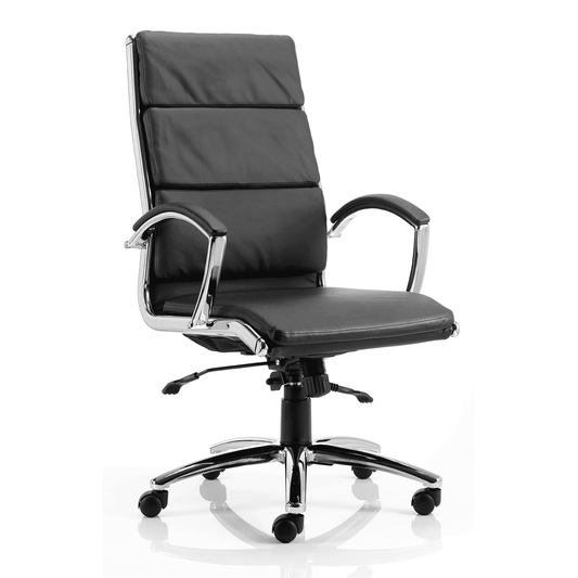 Classic Executive High Back Office Chair with Arms - Soft Bonded Leather, Chrome Frame, 125kg Capacity, 8hr Usage, 2yr Mechanism & 1yr Fabric Guarantee