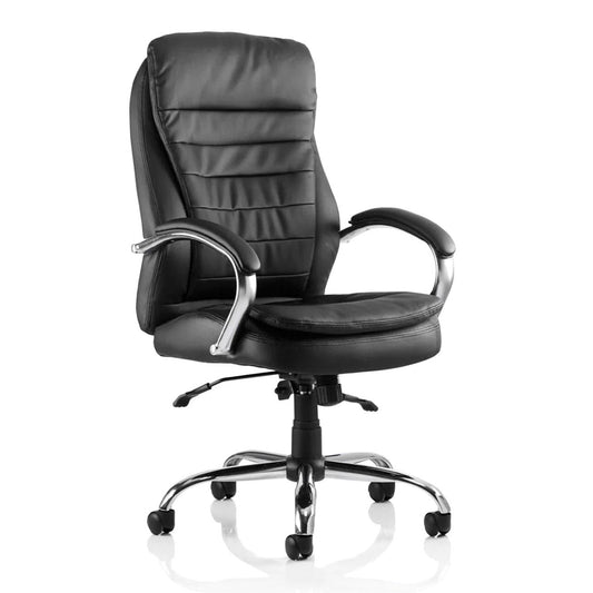 Rocky Executive High Back Black Leather Office Chair with Arms - Chrome Frame, 125kg Capacity, 8hr Usage, Gas Height Adjustment