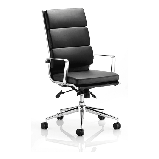 Savoy High Back Executive Office Chair - Black Leather, Chrome Frame, Fixed Arms, 110kg Capacity, 8hr Usage, Gas Height & Tilt Adjustment