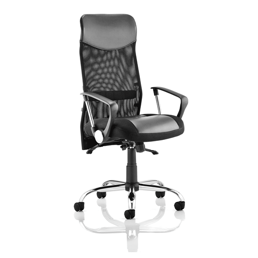 Vegas High Back Executive Office Chair - Black Soft Bonded Leather, Fixed Arms, Chrome Metal Frame, 125kg Capacity, 8hr Usage, Lumbar Support