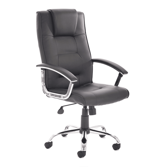 Thrift High Back Executive Office Chair - Black Leather, Chrome Frame, Fixed Arms, 125kg Capacity, 8hr Usage, Gas Height & Tilt Adjustments