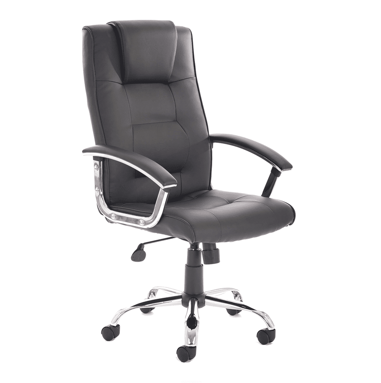 Thrift High Back Executive Office Chair - Black Leather, Chrome Frame, Fixed Arms, 125kg Capacity, 8hr Usage, Gas Height & Tilt Adjustments