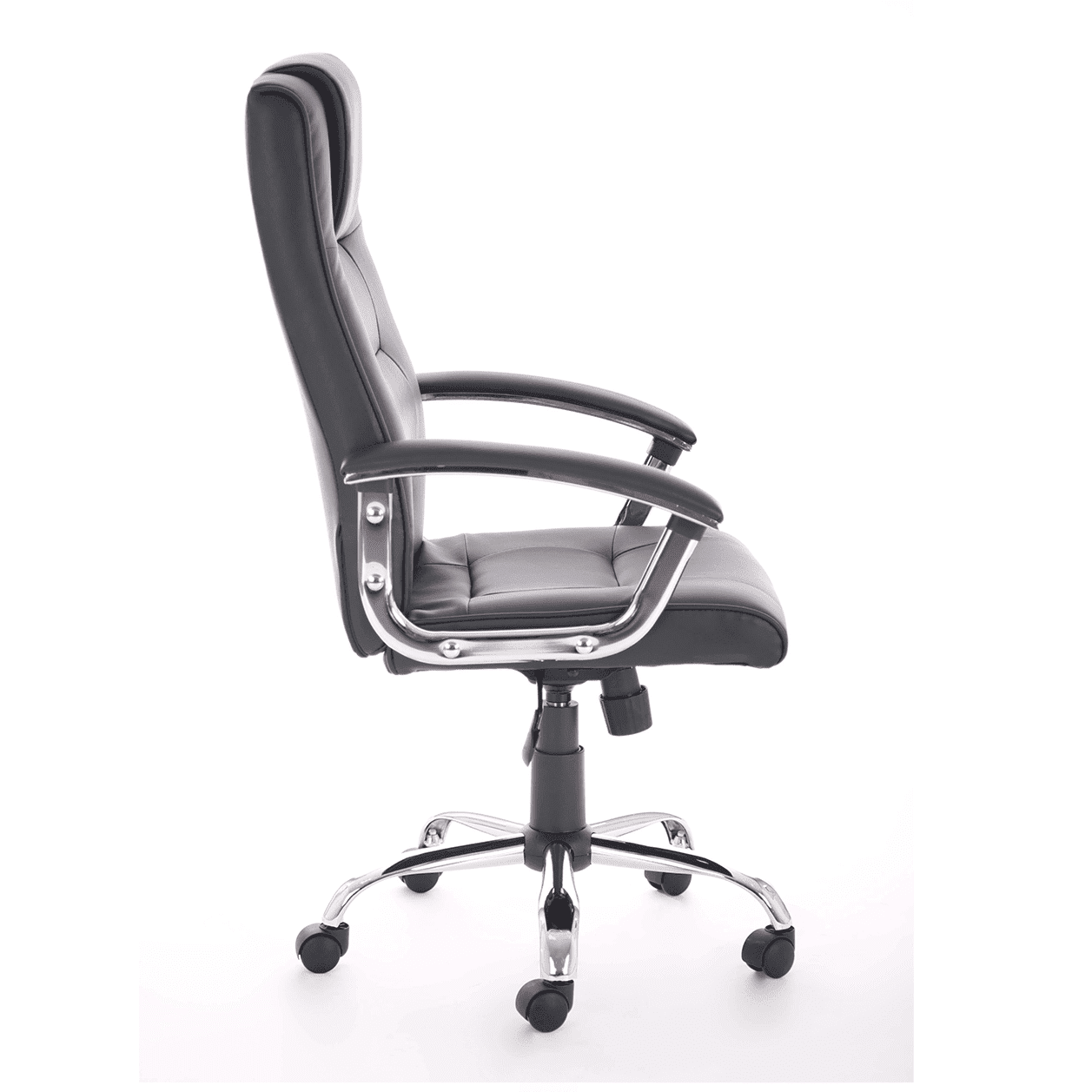 Thrift High Back Executive Office Chair - Black Leather, Chrome Frame, Fixed Arms, 125kg Capacity, 8hr Usage, Gas Height & Tilt Adjustments