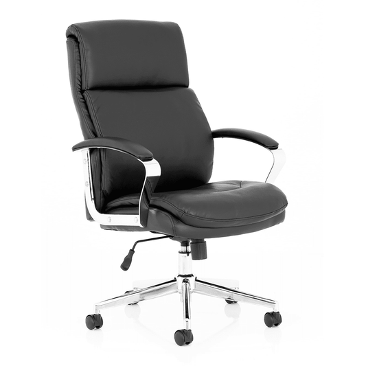 Tunis High Back Executive Office Chair - Black Leather, Chrome Frame, Fixed Arms, Gas Height Adjustment, 124kg Capacity, 8hr Usage - Flat Packed