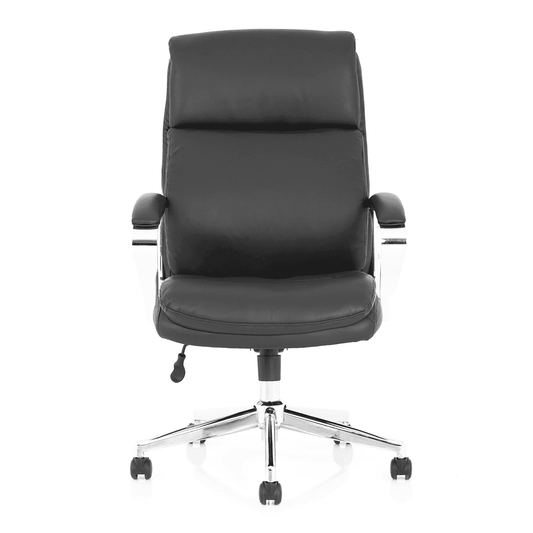 Tunis High Back Executive Office Chair - Black Leather, Chrome Frame, Fixed Arms, Gas Height Adjustment, 124kg Capacity, 8hr Usage - Flat Packed