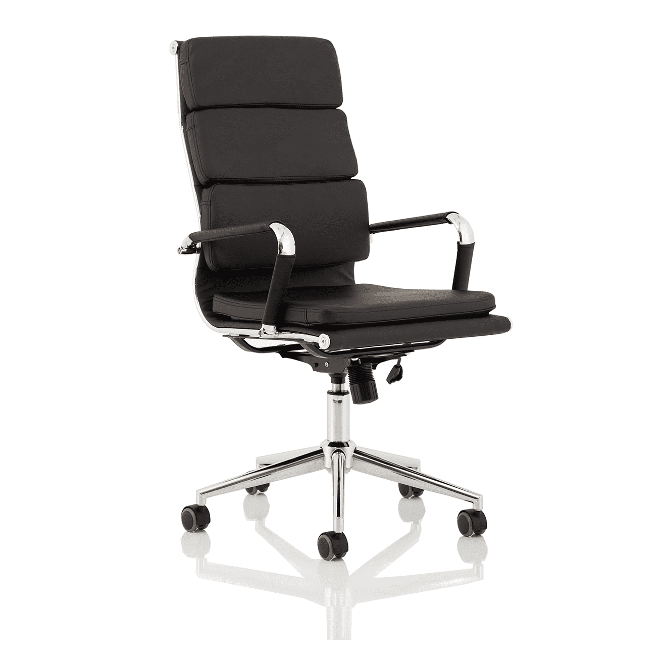Hawkes High Back Executive Office Chair - Black Leather, Chrome Frame, Fixed Arms, 120kg Capacity, 8hr Usage, Gas Height & Tilt Adjustment
