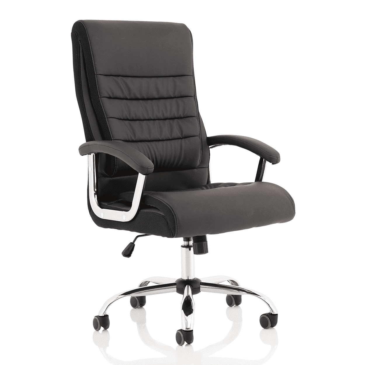 Dallas High Back Executive Office Chair - Black Leather, Chrome Metal Frame, Fixed Arms, 120kg Capacity, 8hr Usage, 1yr Warranty (640x780x1110-1190mm)