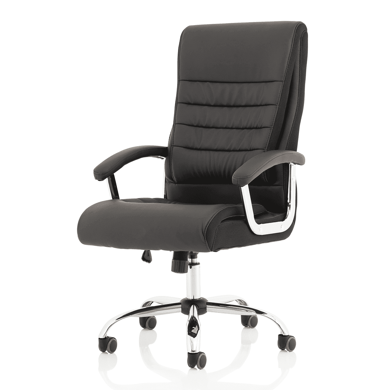 Dallas High Back Executive Office Chair - Black Leather, Chrome Metal Frame, Fixed Arms, 120kg Capacity, 8hr Usage, 1yr Warranty (640x780x1110-1190mm)