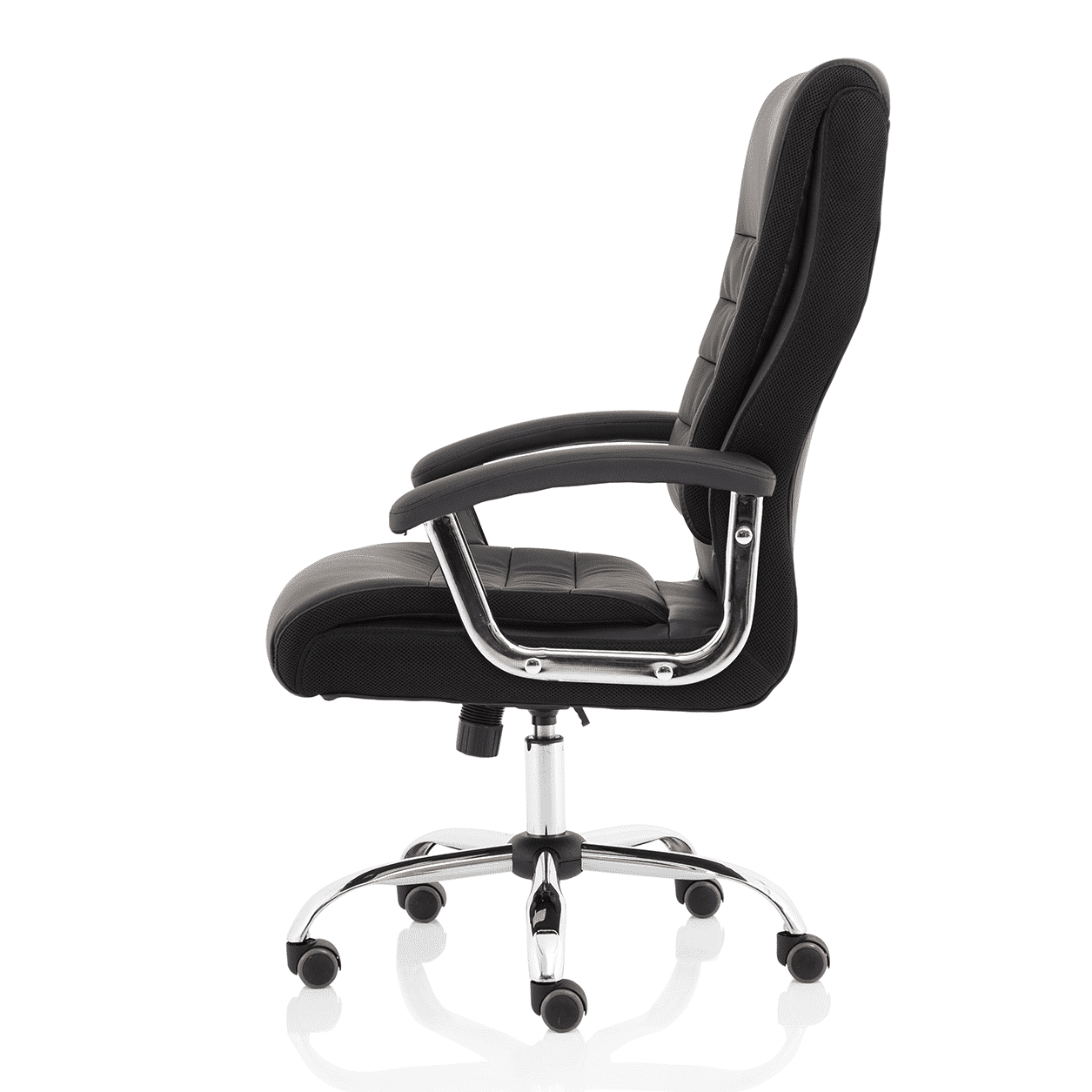 Dallas High Back Executive Office Chair - Black Leather, Chrome Metal Frame, Fixed Arms, 120kg Capacity, 8hr Usage, 1yr Warranty (640x780x1110-1190mm)