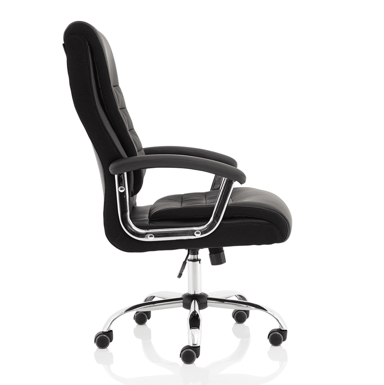 Dallas High Back Executive Office Chair - Black Leather, Chrome Metal Frame, Fixed Arms, 120kg Capacity, 8hr Usage, 1yr Warranty (640x780x1110-1190mm)