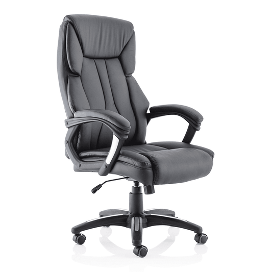 Stratford High Back Executive Office Chair - Black Leather, Chrome Metal Frame, Fixed Arms, 120kg Capacity, 8hr Usage, 1yr Warranty - Flat Packed