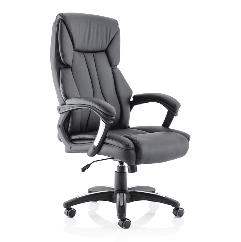 Stratford High Back Executive Office Chair - Black Leather, Chrome Metal Frame, Fixed Arms, 120kg Capacity, 8hr Usage, 1yr Warranty - Flat Packed