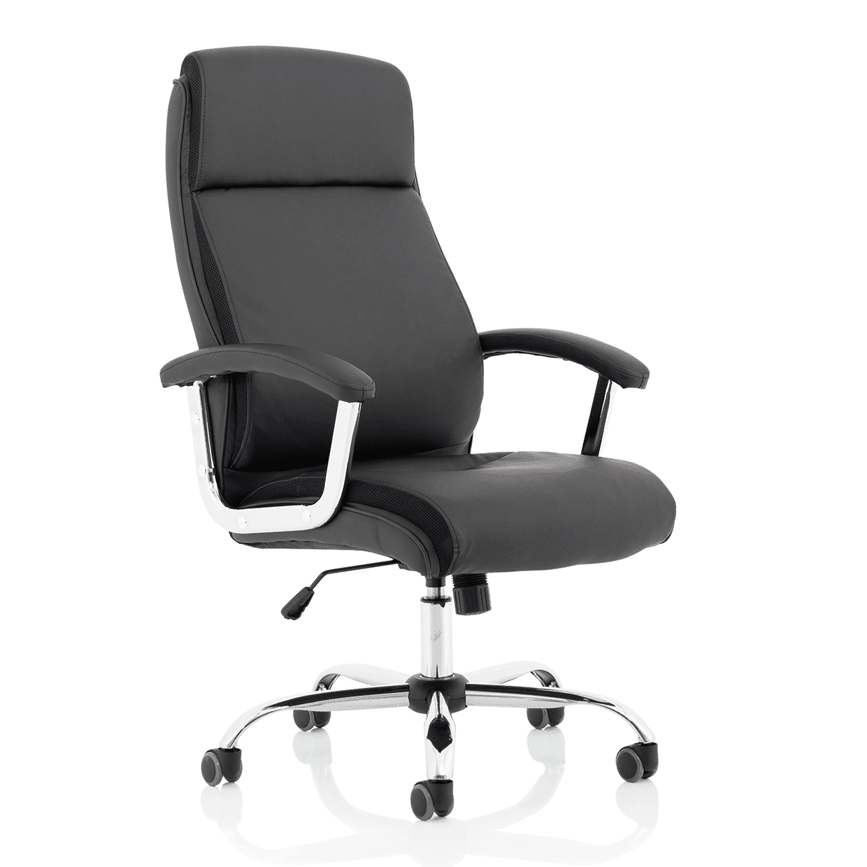 Hatley High Back Executive Office Chair - Black Bonded Leather, Chrome Frame, Fixed Arms, 120kg Capacity, 8hr Usage, 1yr Warranty (650x700x1130-1210mm)