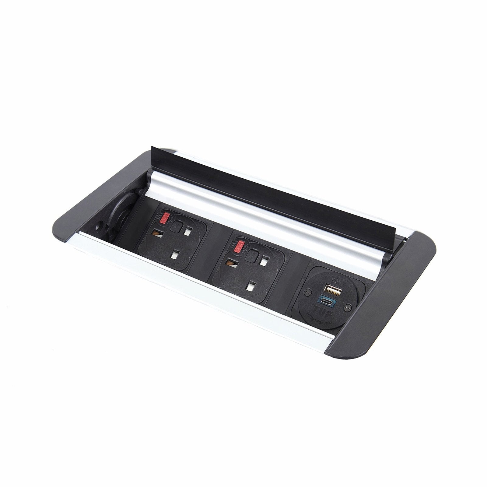 Eclipse in-table rollover power module 2 UK sockets, 1 x TUF A&C connectors USB charger - black/silver - Office Products Online