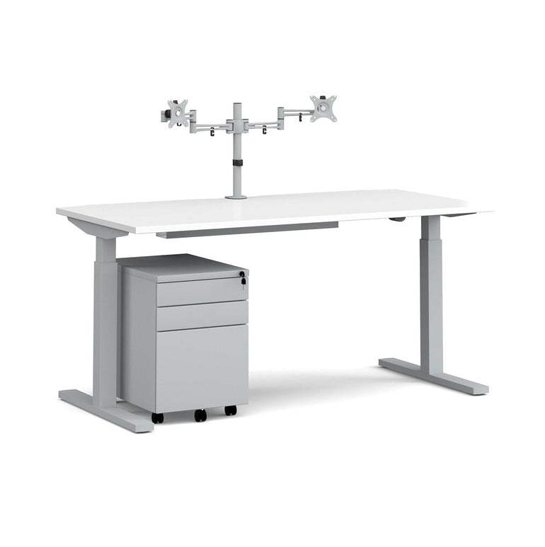 Elev8 Mono straight sit-stand desk 1600mm - silver frame with matching double monitor arm, steel pedestal and cable tray - Office Products Online