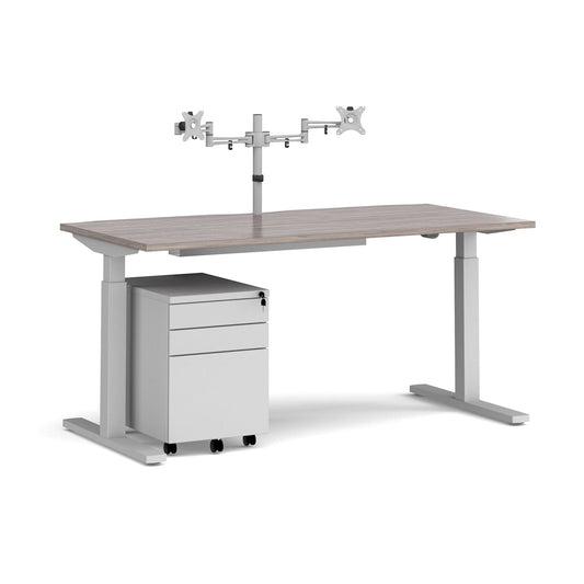 Elev8 Mono straight sit-stand desk 1600mm - silver frame with matching double monitor arm, steel pedestal and cable tray - Office Products Online