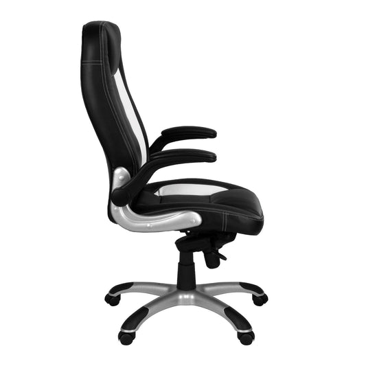 High Back Executive Chair with Folding Arms Satin Chrome Base - Black and White - Office Products Online