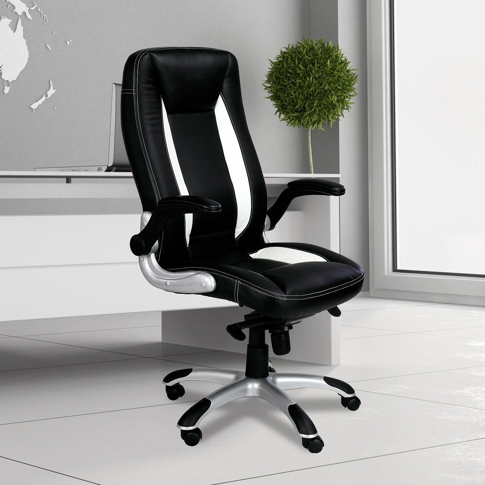 High Back Executive Chair with Folding Arms Satin Chrome Base - Black and White - Office Products Online