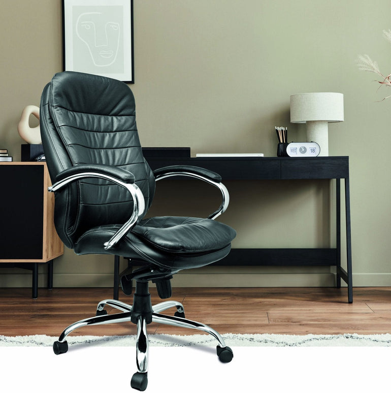 High Back Italian Leather Faced Synchronous Executive Armchair with Integral Headrest and Chrome Base - Office Products Online