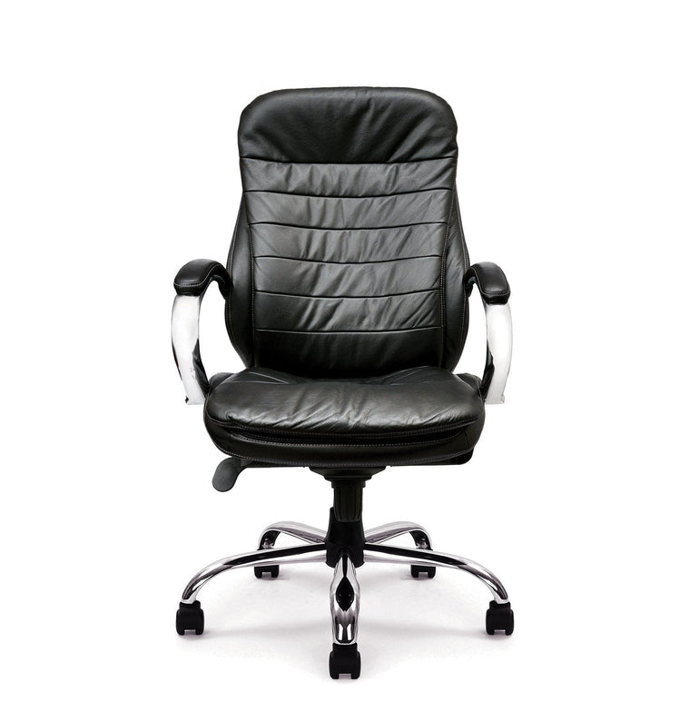 High Back Italian Leather Faced Synchronous Executive Armchair with Integral Headrest and Chrome Base - Office Products Online