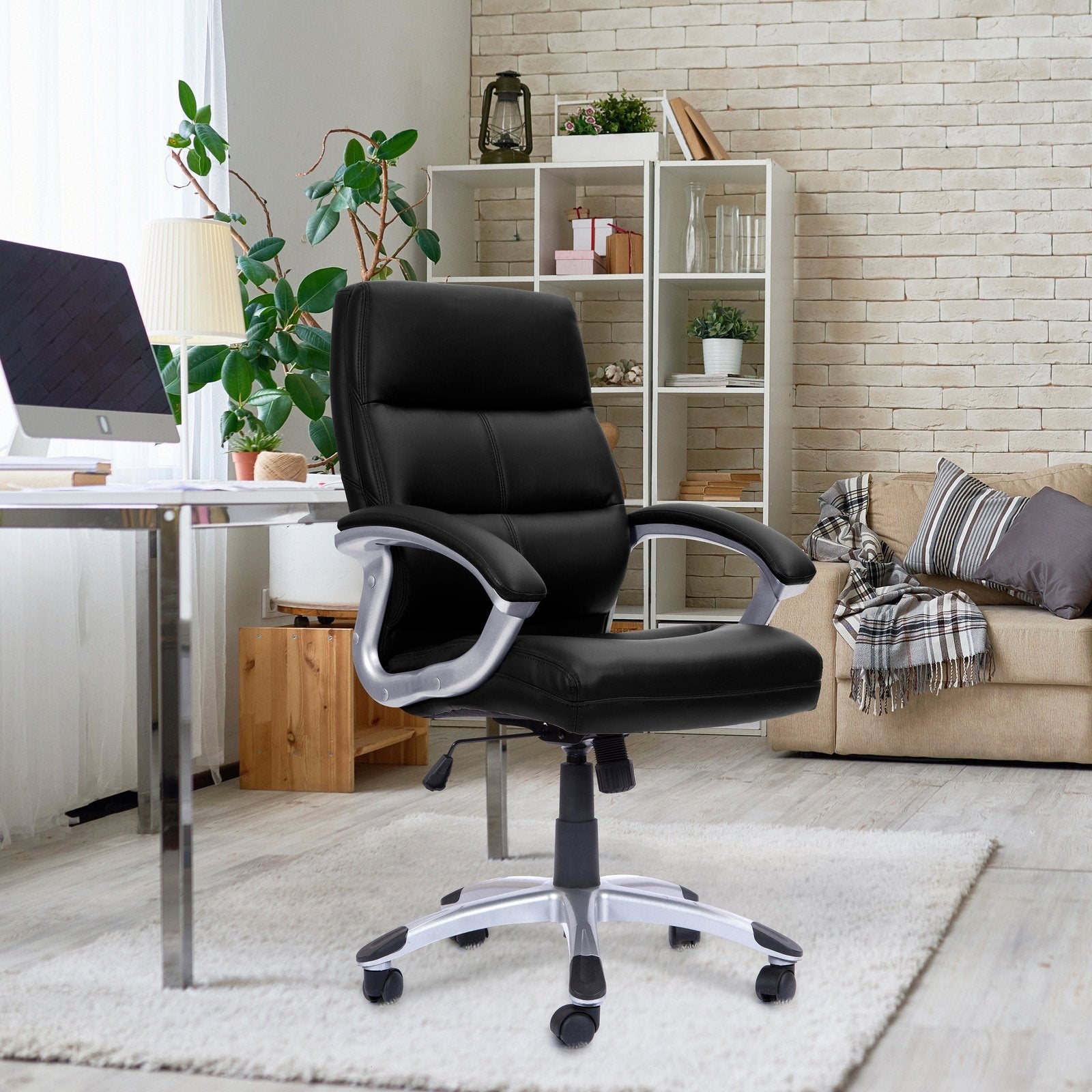 High Back Leather Effect Executive Armchair with Contoured Design Backrest and Silver Detailed Black Nylon Base - Office Products Online