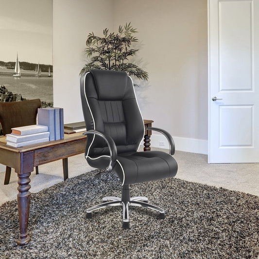 High Back Leather Faced Executive Armchair with Contrasting Piping and Chrome Base - Office Products Online