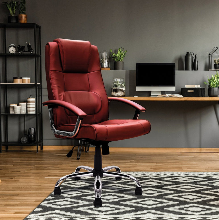 High Back Leather Faced Executive Armchair with Integral Headrest and Chrome Base - Office Products Online