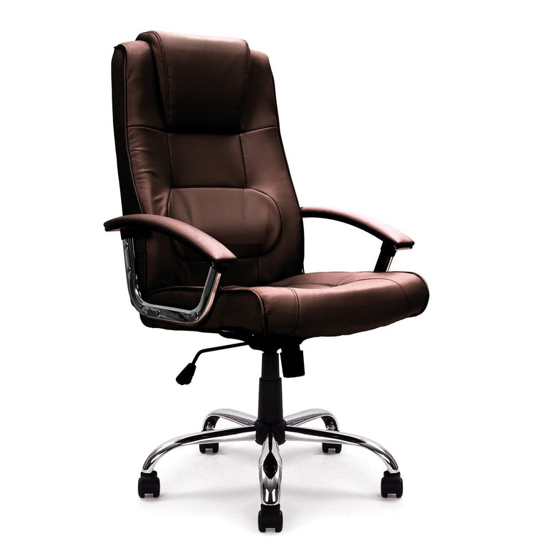 High Back Leather Faced Executive Armchair with Integral Headrest and Chrome Base - Office Products Online