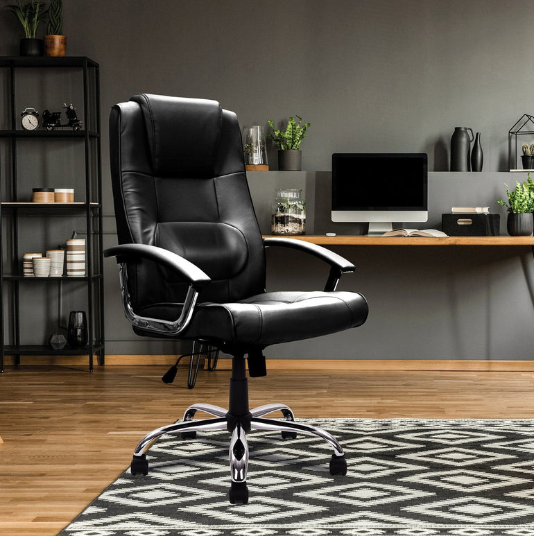 High Back Leather Faced Executive Armchair with Integral Headrest and Chrome Base - Office Products Online