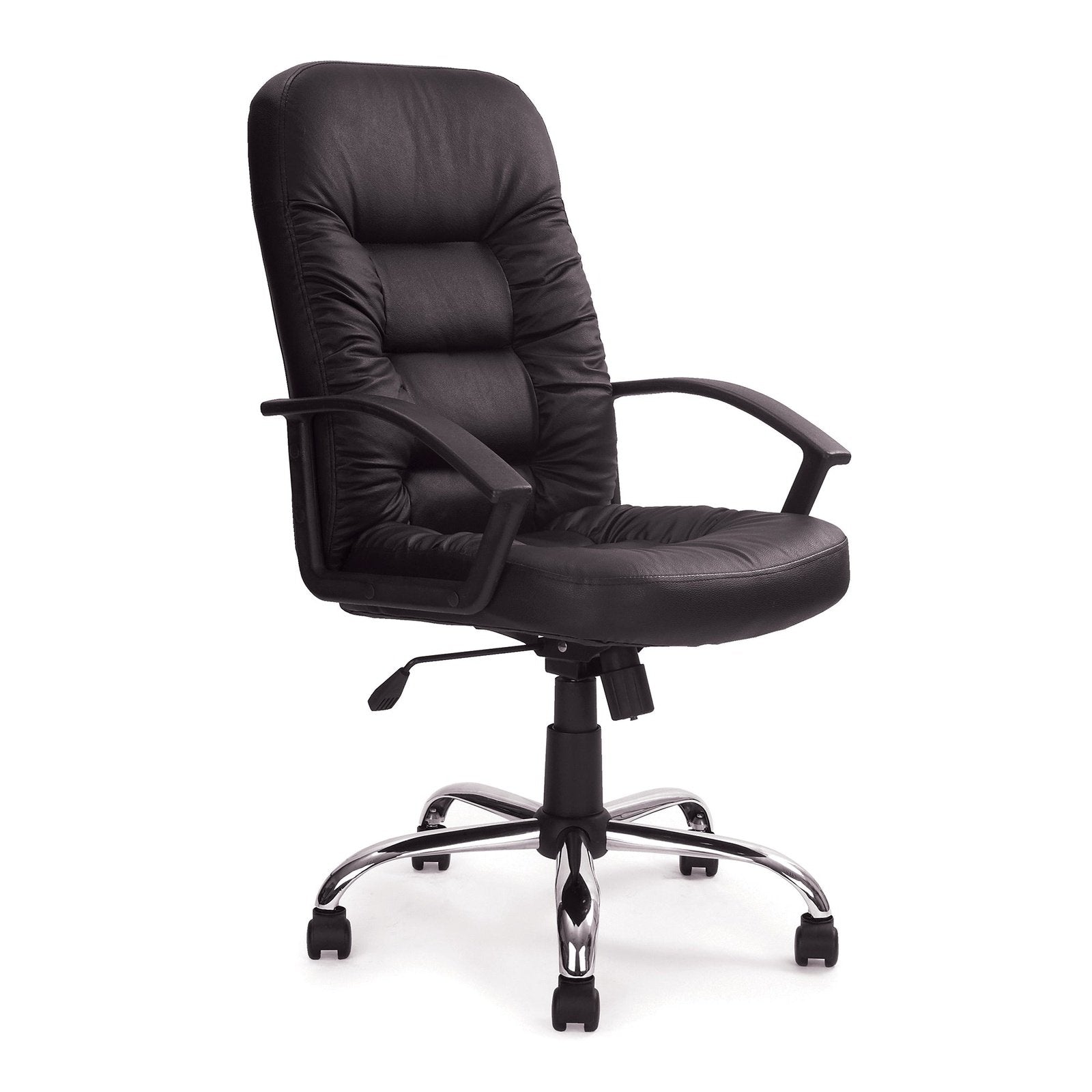 High Back Leather Faced Executive Armchair with Ruched Panel Detailing and Chrome Swivel Base - Black - Office Products Online