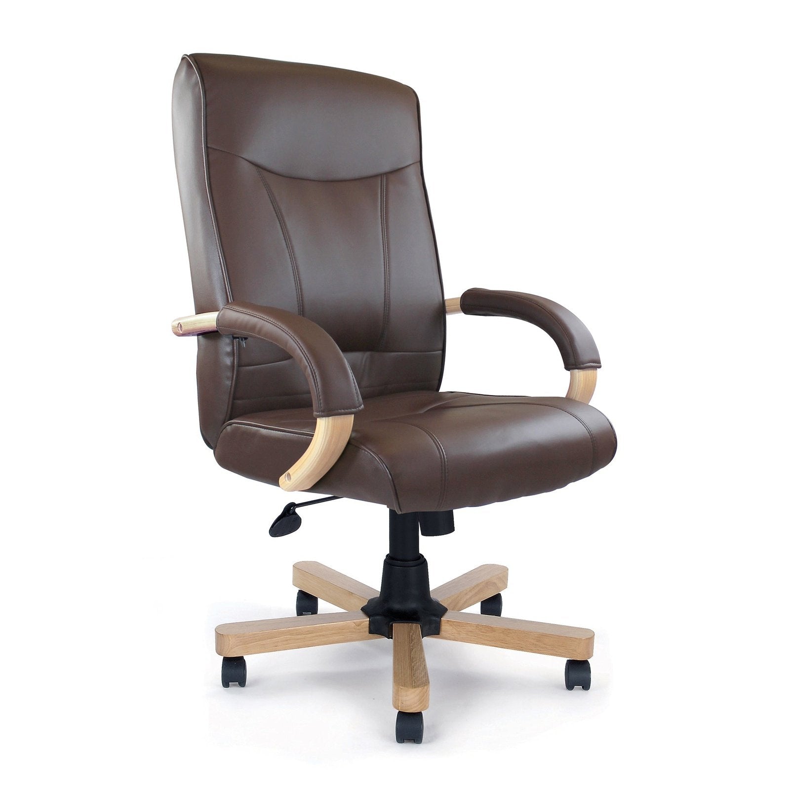 High Back Leather Faced Executive Chair with Oak Effect Arms & Base - Office Products Online