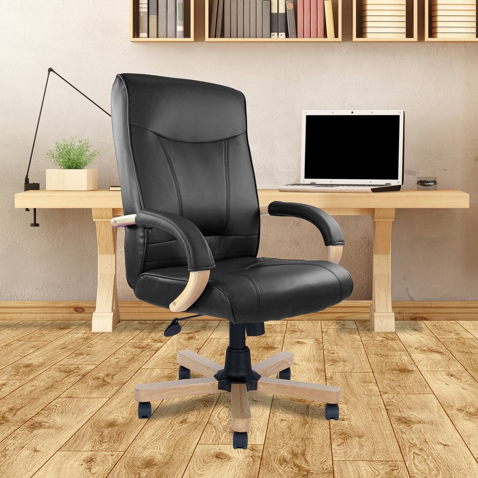 High Back Leather Faced Executive Chair with Oak Effect Arms & Base - Office Products Online