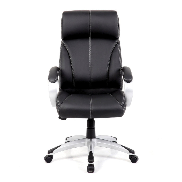 High Back Leather Faced Manager Chair with Satin Silver Finish to Armrests and Base - Black - Office Products Online