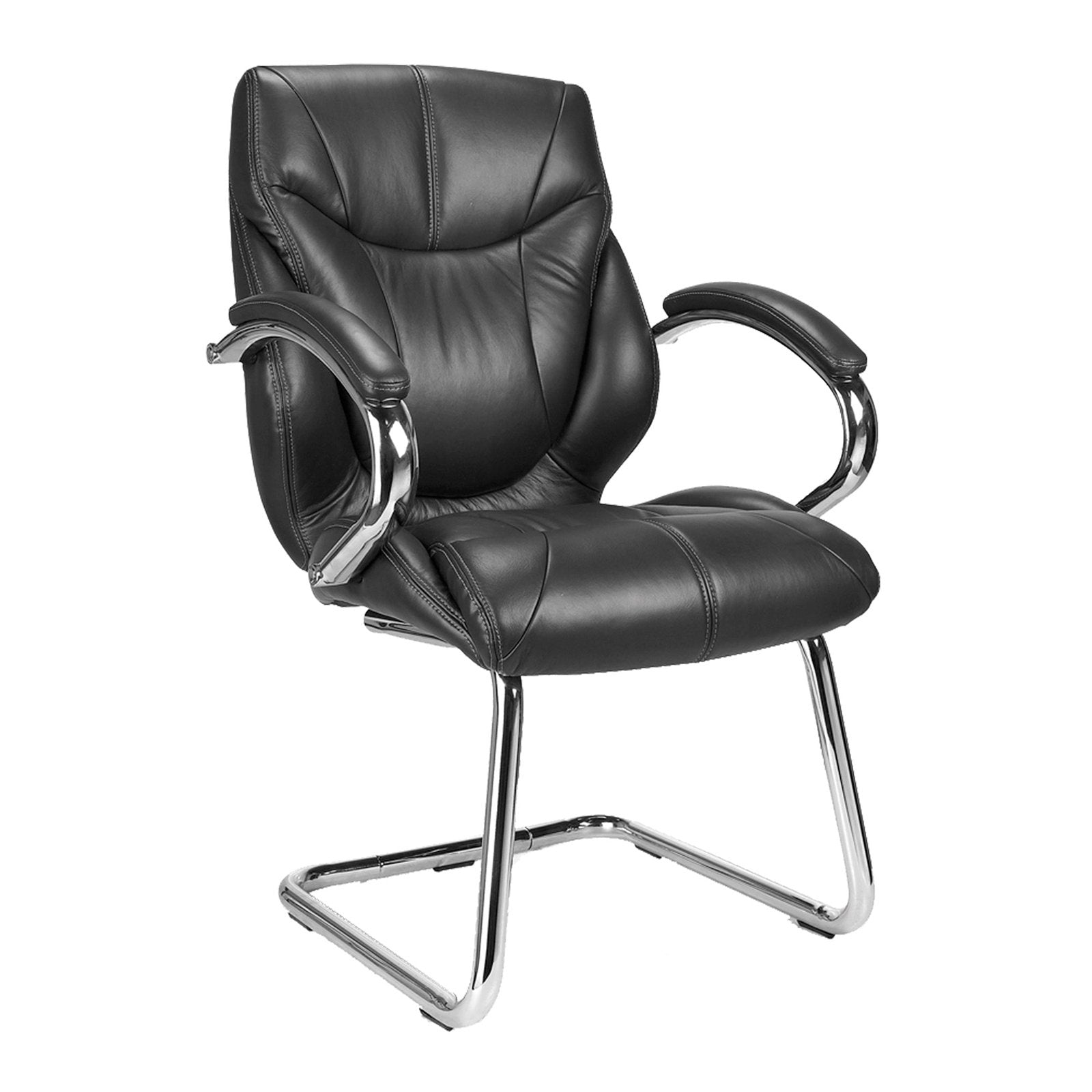 High Back Luxurious Leather Faced Executive Visitor Armchair with Integral headrest and Chrome Base - Office Products Online