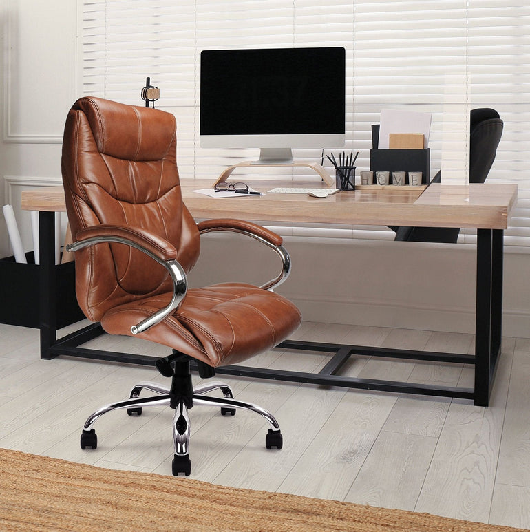High Back Luxurious Leather Faced Synchronous Executive Armchair with Integral headrest and Chrome Base - Office Products Online