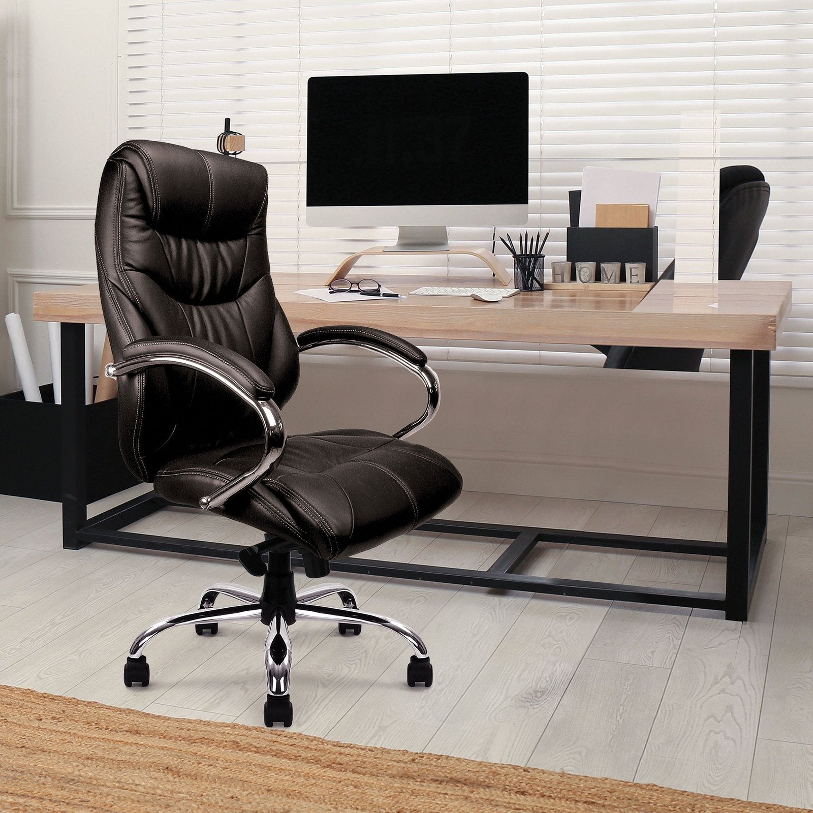 High Back Luxurious Leather Faced Synchronous Executive Armchair with Integral headrest and Chrome Base - Office Products Online