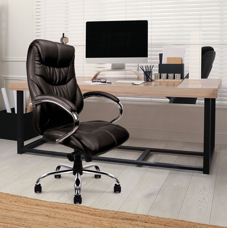 High Back Luxurious Leather Faced Synchronous Executive Armchair with Integral headrest and Chrome Base - Office Products Online