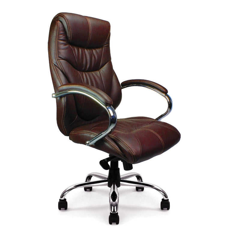High Back Luxurious Leather Faced Synchronous Executive Armchair with Integral headrest and Chrome Base - Office Products Online